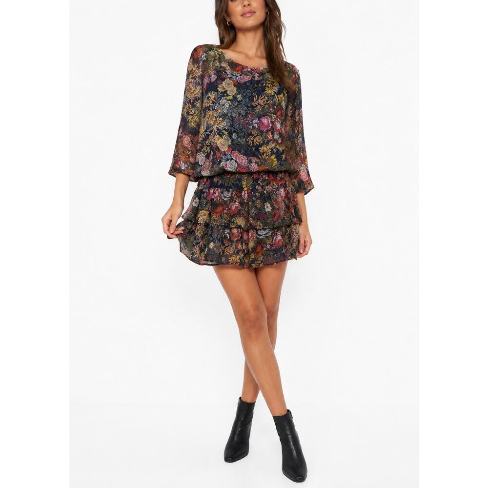 MNG Collection by Mango Dark Floral Chiffon Tiered Mini Dress Size 8